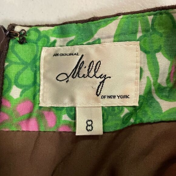 Milly New York Brown Pencil mini Skirt Gold Buttons 8 Fits 6 - Picture 4 of 4